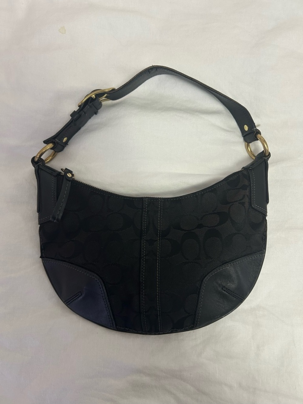 Coach Black Signature Crescent Shoulder Bag with Gold Hardware